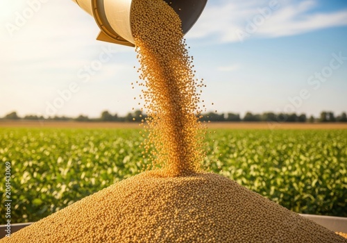 Harvester pouring grain in a green field
