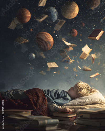 Dreaming child surrounded by books and planets, inspiring education, science, and imagination.