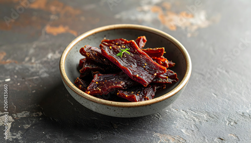 Gourmet organic beef jerky pieces served in a ceramic bowl on dark textured background