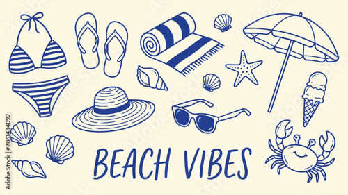 Beach vibes hand drawn doodle set with bikini flip flops umbrella sunglasses hat crab ice cream starfish shell summer vacation vector