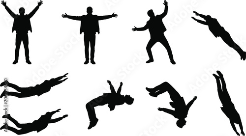 Silhouette of man in various poses standing jumping flying floating falling down and diving isolated on white backdrop