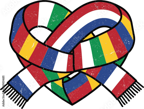 A colorful striped scarf tied in a knot on a white background, symbolizing Celebrating Worldcup spirit.
