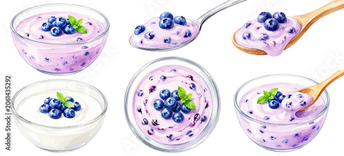 Foto ブルーベリーヨーグルトのイラストセット,水彩風の果肉入り乳製品とミントの葉,ガラスボウルとスプーンすくい上げ素材集,手描きベクター,朝食メニュー