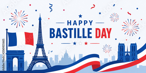 Foto Happy Bastille Day France Celebration Banner with Eiffel Tower and Fireworks