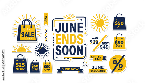 Colorful summer sale banner with shopping bags and discounts.