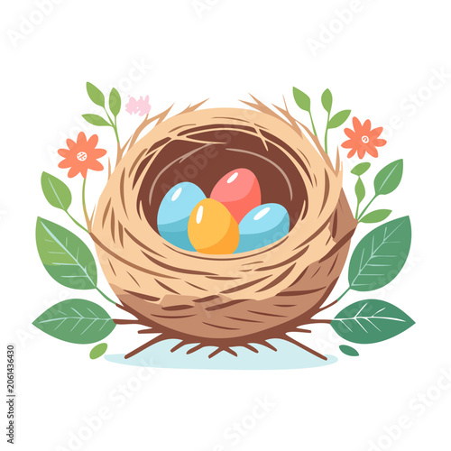 Colorful bird nest with eggs and flowers illustration