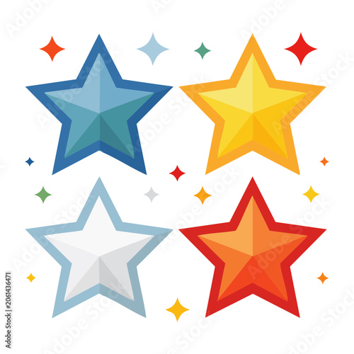 Colorful flat design stars with sparkles on white background