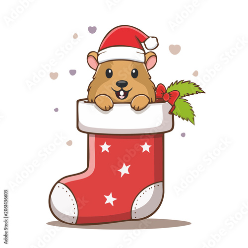 Cute Hamster in Christmas Stocking with Santa Hat