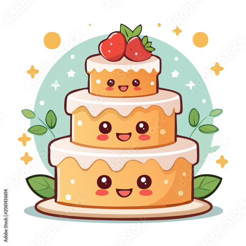 Cute Kawaii Birthday Cake with Strawberries Illustration