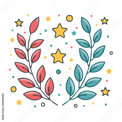 Flat design illustration of branches with leaves and stars