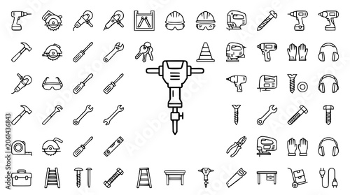 Home Repair and Jackhammer Outline Icons Collection with Construction Tools and Equipment
