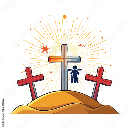 Three crosses on a hill with a figure and sunburst
