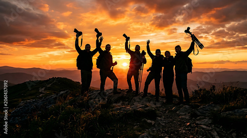 Group of friends celebrating on a mountain peak at sunset with hiking gear