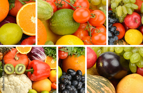 Foto Colorful photo collage of fresh fruits and vegetables, featuring ripe tomatoes, citrus, grapes, apples, and peppers, showcasing an abundant layout of healthy food