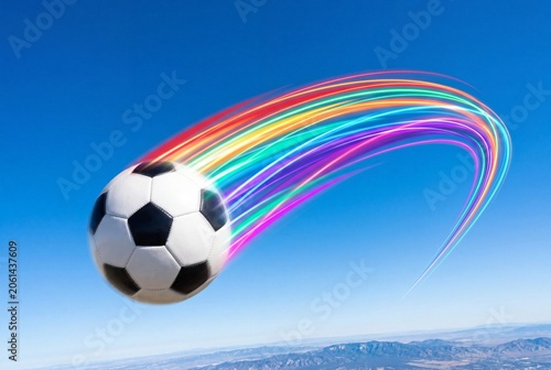 A Classic Soccer Ball Flying Through The Bright Blue Sky Leaving A Vibrant And Colorful Rainbow Trail Behind It In A Dynamic Sport Motion Concept