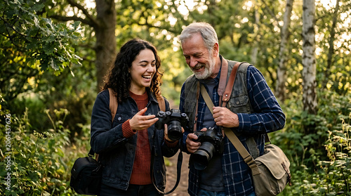 Smiling couple looking at camera screen in forest with trees and greenery around them