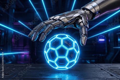 A mechanical metallic robotic hand reaching down to touch a glowing neon blue hexagonal soccer ball inside a dark high tech futuristic digital arena