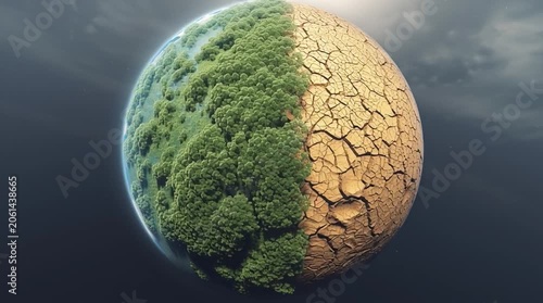 Half green earth and half dry land show the effects of climate change on the planet and nature's environment