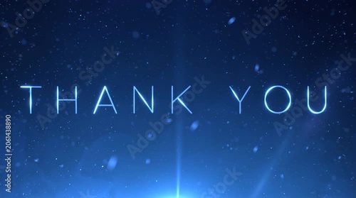 Thank you message in bright blue colors with sparkles and light effects on a dark background