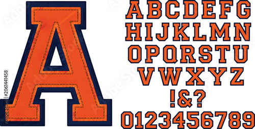 Photos Embroidered varsity alphabet font set with orange stitched collegiate athletic s