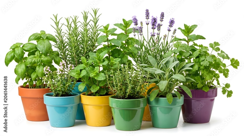 Fototapeta premium Fresh herbs growing in colorful pots, including basil, mint, and rosemary, isolated on white.