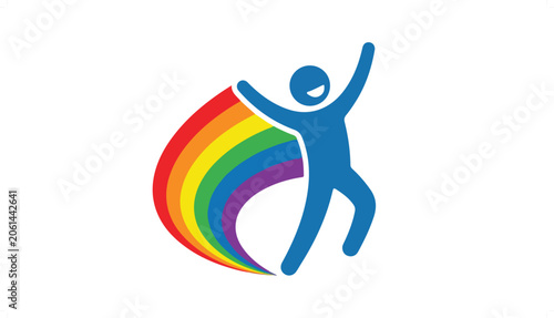Colorful rainbow flag held by blue human figure silhouette.