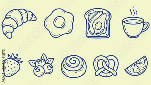 Schilderij op canvas Breakfast food hand drawn doodle set with croissant egg avocado toast coffee cup