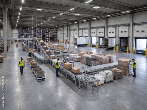 Automated Order Processing Warehouse with automated mobile robots and shipping workflow, brochure-ready scene for E-Commerce Fulfillment Promotion