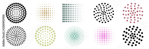 A collection of ten colorful halftone patterns with circular and rectangular shapes
