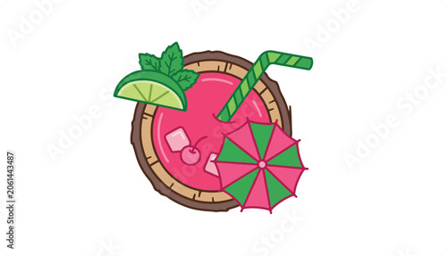 Colorful tropical drink with lime and ice in a wooden barrel.