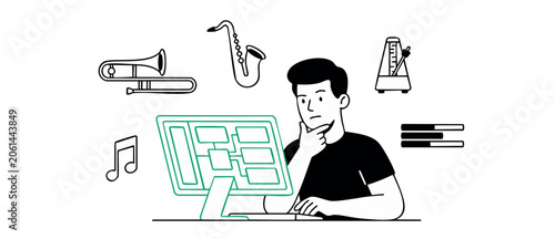 Obraz na plátne Music producer composing software concept with a thoughtful man working at a computer screen planning a musical project with saxophone, trombone, metronome and audio icons
