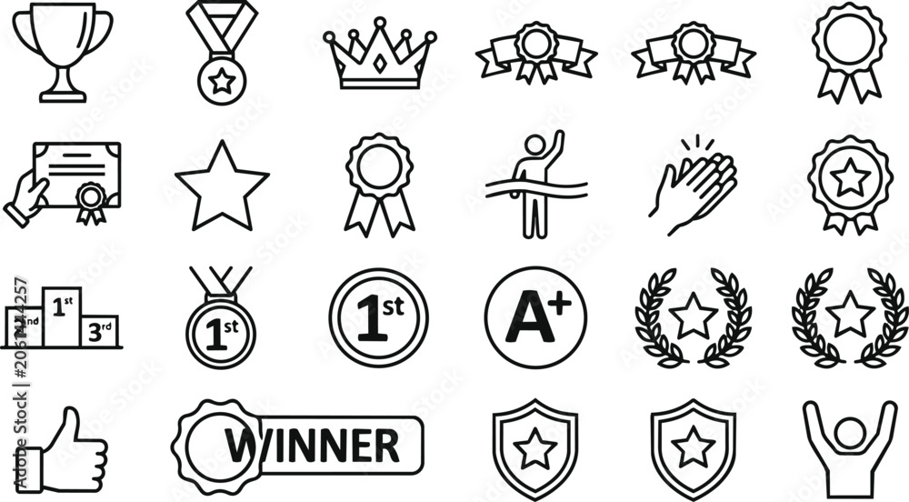 Fototapeta premium Badge Icons Set with Crowns, Medals, Winner Ribbon, Stars, Hands, Shields, and Checkmarks in a Clean Black Outline Style for Game Ui and Achievements