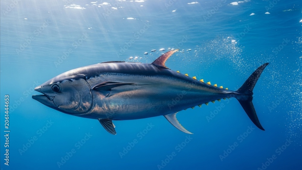 Obraz premium Animal - Atlantic Bluefin Tuna Swimming Underwater in Clear Blue Ocean with Yellow Finlets and Sunrays