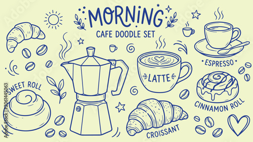 Foto Morning cafe doodle set hand drawn with moka pot latte sweet roll croissant espr