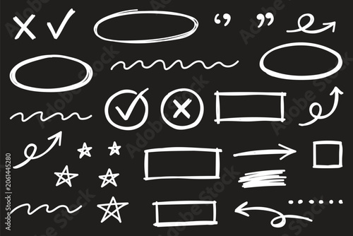 Arrow, highlight, oval marker pen set. Arrow line marker hand drawn pencil stroke sketch circle underline. Doodle check cross curve oval round icon sign texture rough. Vector illustration