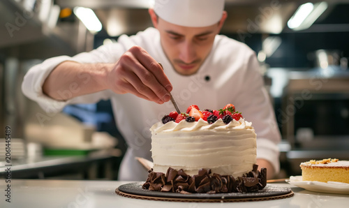 Professional pastry chef decorating gourmet cream cake with fresh berries
