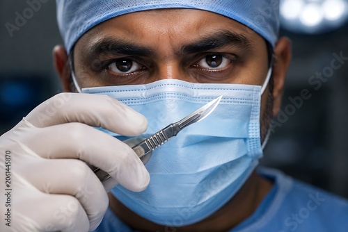 Close-up of a surgeon holding a scalpel before their face.