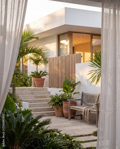 Private Resort Villa Facade with Quiet Courtyard and Warm Light