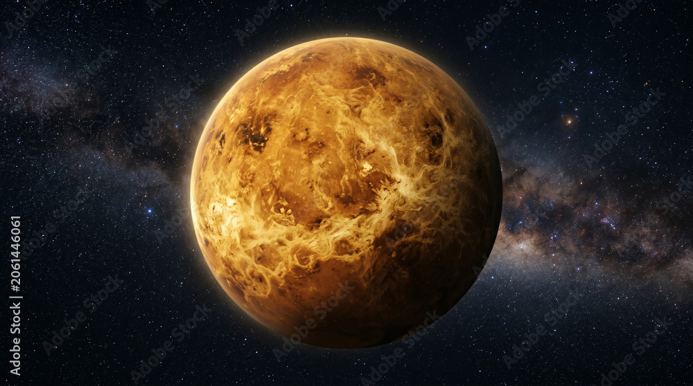 Obraz premium Venus Planet in Deep Space with Thick Atmospheric Clouds and Golden Surface Glow, Detailed View of Earth’s Mysterious Sister Planet