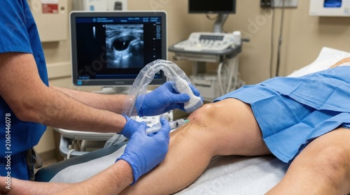 Doctor performs ultrasound-guided knee injection for patient treatment