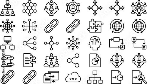 Fotografía Blockchain network connections and global database line icon set representing de