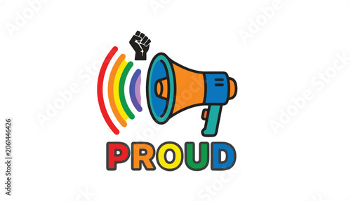 Colorful megaphone with rainbow sound waves and proud text.