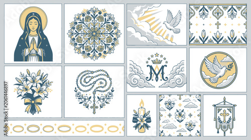 Assumption of the virgin mary religious symbols and floral collection