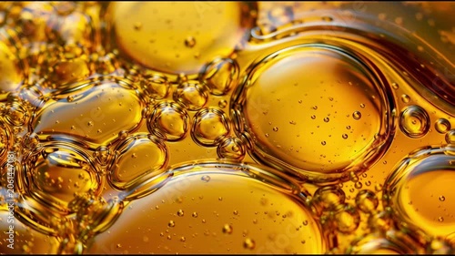 Close-up of oil bubbles and droplets in a warm amber-gold palette. For topics on chemistry, design, cooking, cosmetics.
