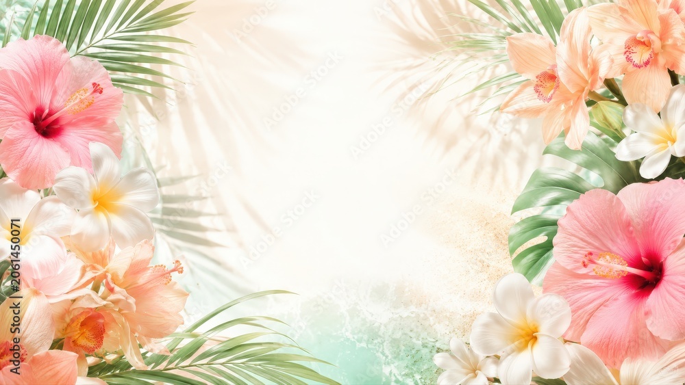 Obraz premium Copy Space Tropical floral border with pink hibiscus and palm leaves