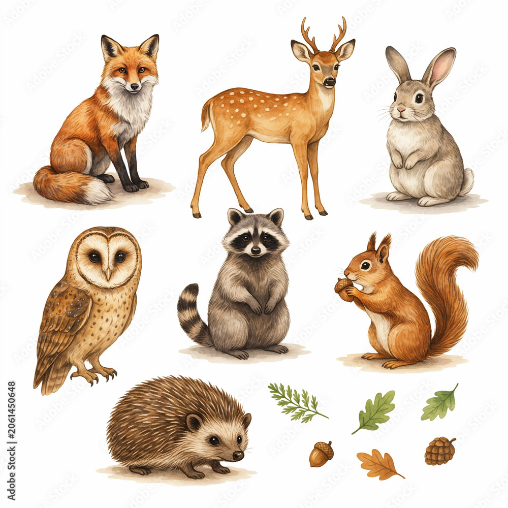 Fototapeta premium Forest animals including a deer, fox, rabbit, raccoon, owl, squirrel, and hedgehog are presented in a detailed wildlife illustration.