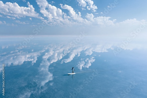 Healing scenery, breathtakingly beautiful. Vast blue sky with white clouds, boundless mirror-like water surface with a surfer
