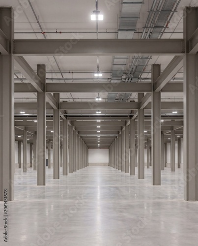 Industrial Property Warehouse Hall with clean warehouse hall and structural bays, brochure-ready scene for Industrial Real Estate Marketing