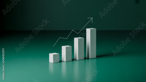 Business Growth Bar Chart with Upward Trend Arrow on Green Background