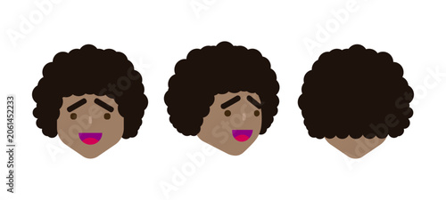 African Curly Hair Style: A stylized illustration showcasing three views of a person's head with a voluminous, dark curly hairstyle.